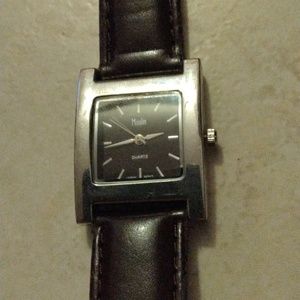 WORKING! 🎆3/$30 EUC MOULIN  Stainless steel black leather watch. Unisex.